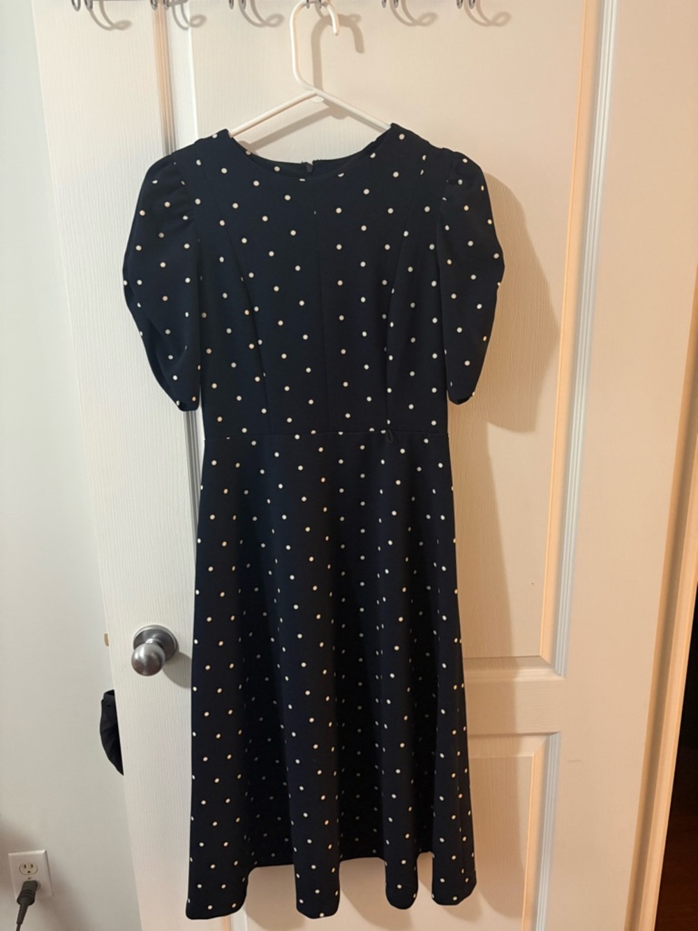 DKNY Navy Polka Dot Puff Sleeve Fit & Flare Midi Dress Size 6
